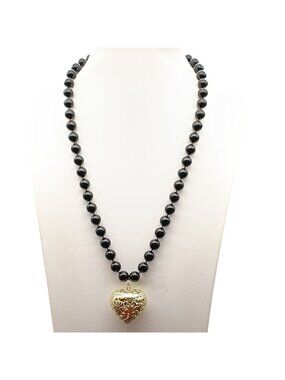 Vintage Black Beaded Necklace with Gold-Tone Engraved Puffy Heart Pendant